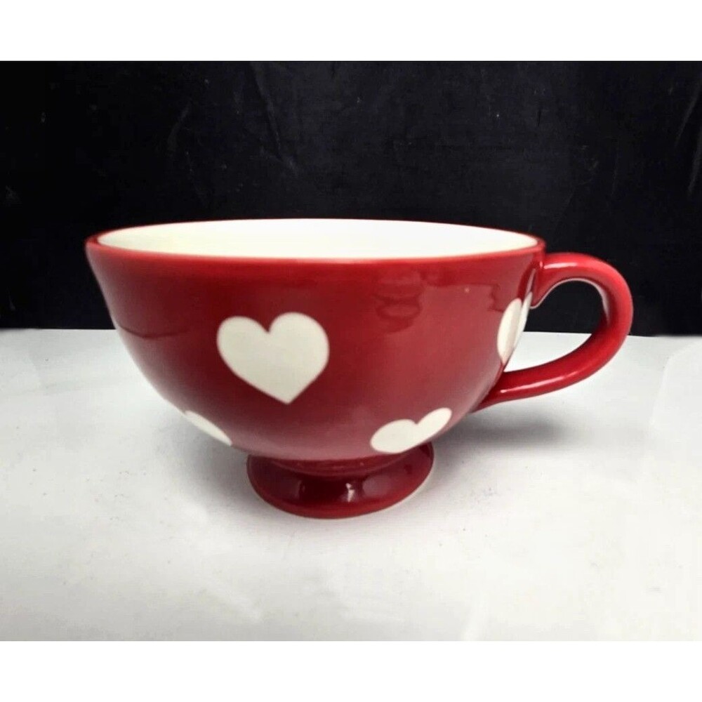 Pier 1 Large Red Coffee Soup Mug White Hearts Embossed Footed Pedestal Base